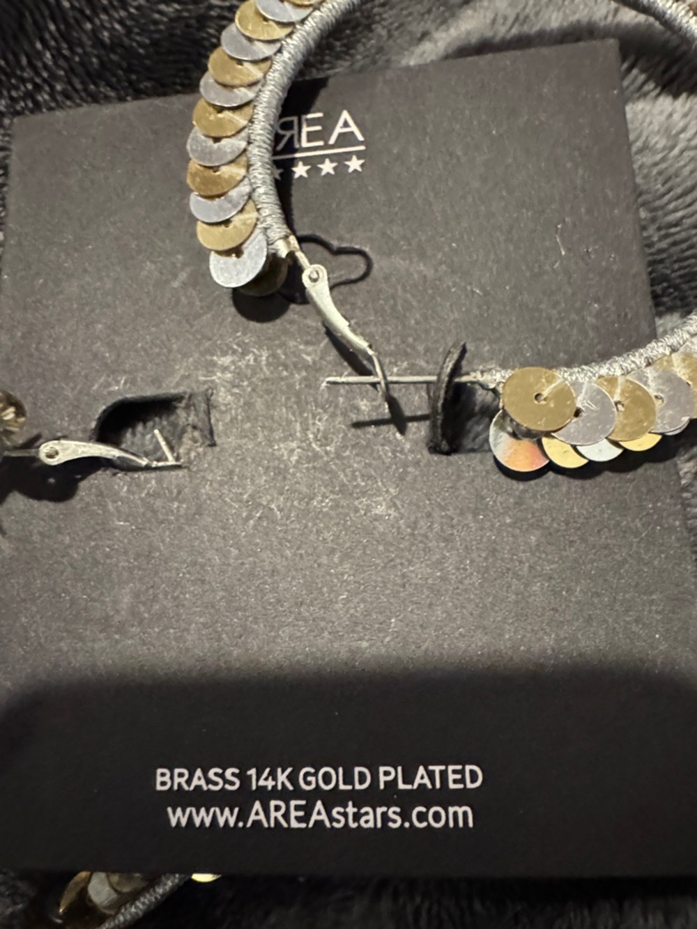 New AREA Gold & Silver Sequin‎ Hoop Statement Earrings 14k Gold Plated Brass - Picture 4 of 4